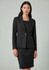 A black two-piece suit featuring a tailored blazer and fitted skirt, with a minimalistic design and a logo.