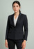 A navy single button mid-length women's blazer, featuring a fitted design and two front pockets.