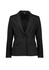 A black mid-length women's blazer with a single button, featuring two front pockets and a tailored fit.