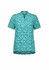 A short-sleeved tunic in a turquoise and white stardust print, featuring a V-neckline and side pockets.