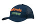 A navy cap with a curved brim, featuring triangle perforations and multi-coloured embroidered branding.
