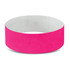 A pink Tyvek event wristband with a smooth surface and an inner lining, featuring branding.