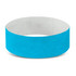A turquoise Tyvek event wristband with a smooth finish, featuring a logo on the inside.