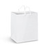 A medium white laminated paper carry bag with white rope handles and a glossy finish.