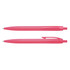 Two pink plastic pens positioned side by side, one capped and one uncapped, featuring a logo.