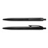 Two black plastic pens are displayed, featuring sleek designs and plastic clips. One pen is positioned above the other.