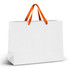 An extra large white paper bag with orange ribbon handles and a plain design.
