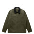 A green canvas jacket with a black corduroy collar and a chest pocket, featuring subtle branding.