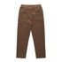 Brown cord pants with an elastic waistband and two back pockets, displayed in a flat position.
