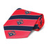 A stylish tie featuring a red and navy striped design, adorned with collegiate logos.