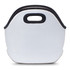 A white lunch bag with black stitching and two handles, featuring a simple design. It has a logo on one side.