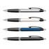 Four plastic pens in silver, white, blue, and green, each featuring a black grip and a logo.