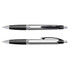 A silver and black plastic pen with a textured grip and click mechanism, featuring a logo on its body.