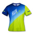 A custom women's sports T-shirt in blue and neon green with a logo and a bold design.