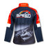 A navy and red women's premium softshell jacket with a logo and racing-themed graphic on the back.
