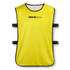 A yellow training bib with black trim and straps, featuring a logo on the front.