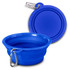 A blue silicone collapsible pet bowl with a carabiner for easy attachment. The bowl can be folded flat for storage.