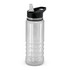A drink bottle featuring a clear body with black accents and a straw lid design.