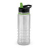 A drink bottle featuring a clear body with black and green accents, designed for easy hydration.