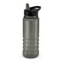 A drink bottle featuring a clear body with black accents and a flip-top spout, including a logo.