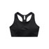 A black crop top with a racerback design, featuring a logo on the front. Perfect for sports activities.