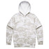 A white and grey camo hoodie featuring a front pocket and a drawstring hood, with a logo on it.