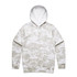 A camouflage hoodie in shades of beige and white, featuring a front pocket and a drawstring hood. It has a logo.