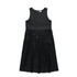 A black linen dress with a sleeveless design and gathered skirt, featuring a simple, elegant silhouette.