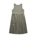 A green linen dress with a fitted bodice and a gathered skirt. The dress has a straight neckline and a zip closure at the back.