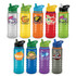 A drink bottle collection featuring various colours including clear, orange, blue, green, and grey, each with unique designs and logos.