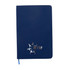 A navy blue A5 notebook with a silver logo at the bottom and a blue ribbon bookmark.