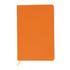 An orange A5 notebook with a smooth cover and a yellow ribbon marker. It features a logo on the cover.