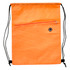 An orange drawstring bag with a textured design and a front zip pocket, featuring a small logo.