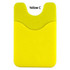 A bright yellow phone wallet with a textured surface and a cut-out design at the top, featuring a logo.