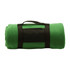 A green blanket rolled up with a black strap for easy carrying, featuring a transparent panel.