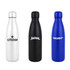 A drink bottle trio featuring a silver, black, and blue stainless steel design, each with a logo.