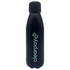 A drink bottle in black with a silver logo, featuring a sleek, curved design and a secure cap.