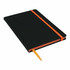 A black A5 journal with an orange elastic band and a matching ribbon bookmark. It features a logo on the cover.