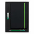 A black A5 journal with a green elastic band, accompanied by a green pen and a USB drive in a black box.
