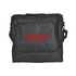 A black picnic basket with a shoulder strap, featuring a red logo and zippered compartments.