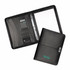 A black leather zippered compendium with a calculator, card slots, and a notepad. Features a front cover with a logo.