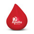 A red stress ball in the shape of a blood drop featuring the logo of Apollo Hospitals.