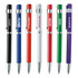 A collection of pens in various colours including black, blue, red, white, green, and purple, featuring logos.