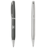 A plastic pen featuring a sleek black body and a silver clip, along with a logo on the barrel.
