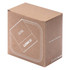A brown cardboard box featuring a plant fibre design and a minimalist logo.