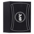 A black box featuring a circular logo with a white outline and branding, designed for a promotional product.