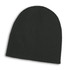 A black cable knit beanie with a ribbed texture and a branding logo.