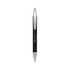 A metal pen with a black body and silver accents, featuring a logo on the side.