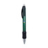 A metal pen with a green body, black grip, and silver tip, featuring a logo on the side.