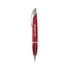 A red pen with a silver clip and grip, featuring a logo on the barrel.